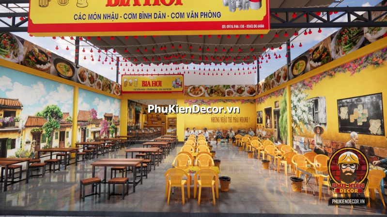 Mô hình decor quán nhậu Hà Nội Hình ảnh tranh decor cho quán nhậu Hà Nội xưa, phong cách bụi phủi với ánh đèn vàng và hình ảnh thực khách vui vẻ.