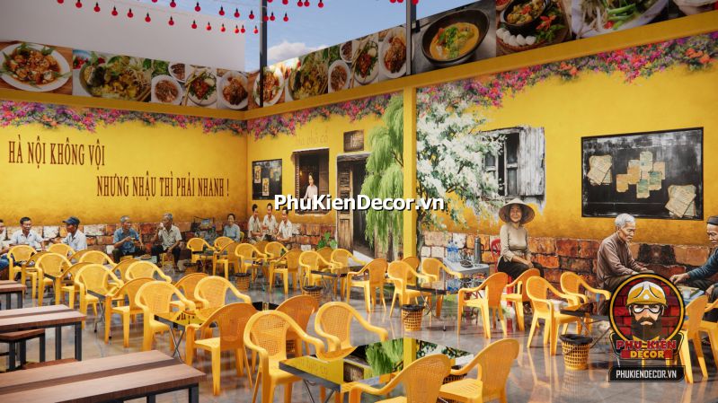 Mô hình decor quán nhậu Hà Nội Hình ảnh tranh decor cho quán nhậu Hà Nội xưa, phong cách bụi phủi với ánh đèn vàng và hình ảnh thực khách vui vẻ.