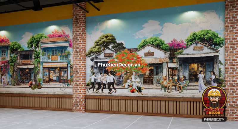 Tranh dán tường phố xá Hà Nội xưa Tranh Phố Xá Hà Nội cổ điển mô tả dòng người và xe trên phố Hàng Đào những năm 80, phù hợp cho không gian check-in nghệ thuật.