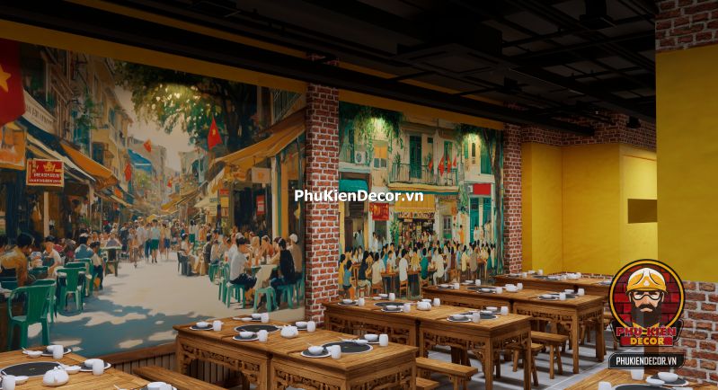 Tranh dán tường phố xá Hà Nội xưa Tranh Phố Xá Hà Nội cổ điển mô tả dòng người và xe trên phố Hàng Đào những năm 80, phù hợp cho không gian check-in nghệ thuật.