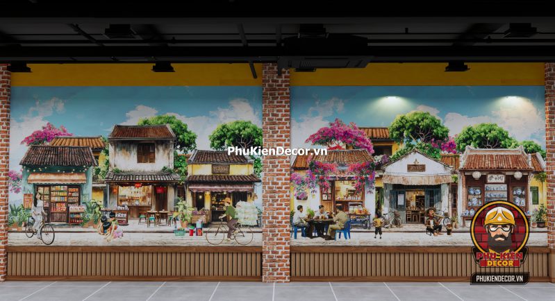 Tranh dán tường phố xá Hà Nội xưa Tranh Phố Xá Hà Nội cổ điển mô tả dòng người và xe trên phố Hàng Đào những năm 80, phù hợp cho không gian check-in nghệ thuật.
