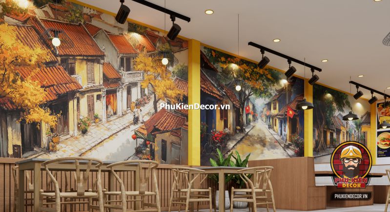 Tranh dán tường phong cách Hà Nội retro Tranh Phố Xá Hà Nội cổ điển mô tả dòng người và xe trên phố Hàng Đào những năm 80, phù hợp cho không gian check-in nghệ thuật.