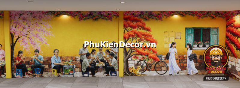 Decor quán ăn theo phong cách Hà Nội Hình ảnh quán ăn vị Bắc được trang trí bằng gạch bông cổ, bức tranh Hà Nội mùa thu và đèn dầu treo trần.
