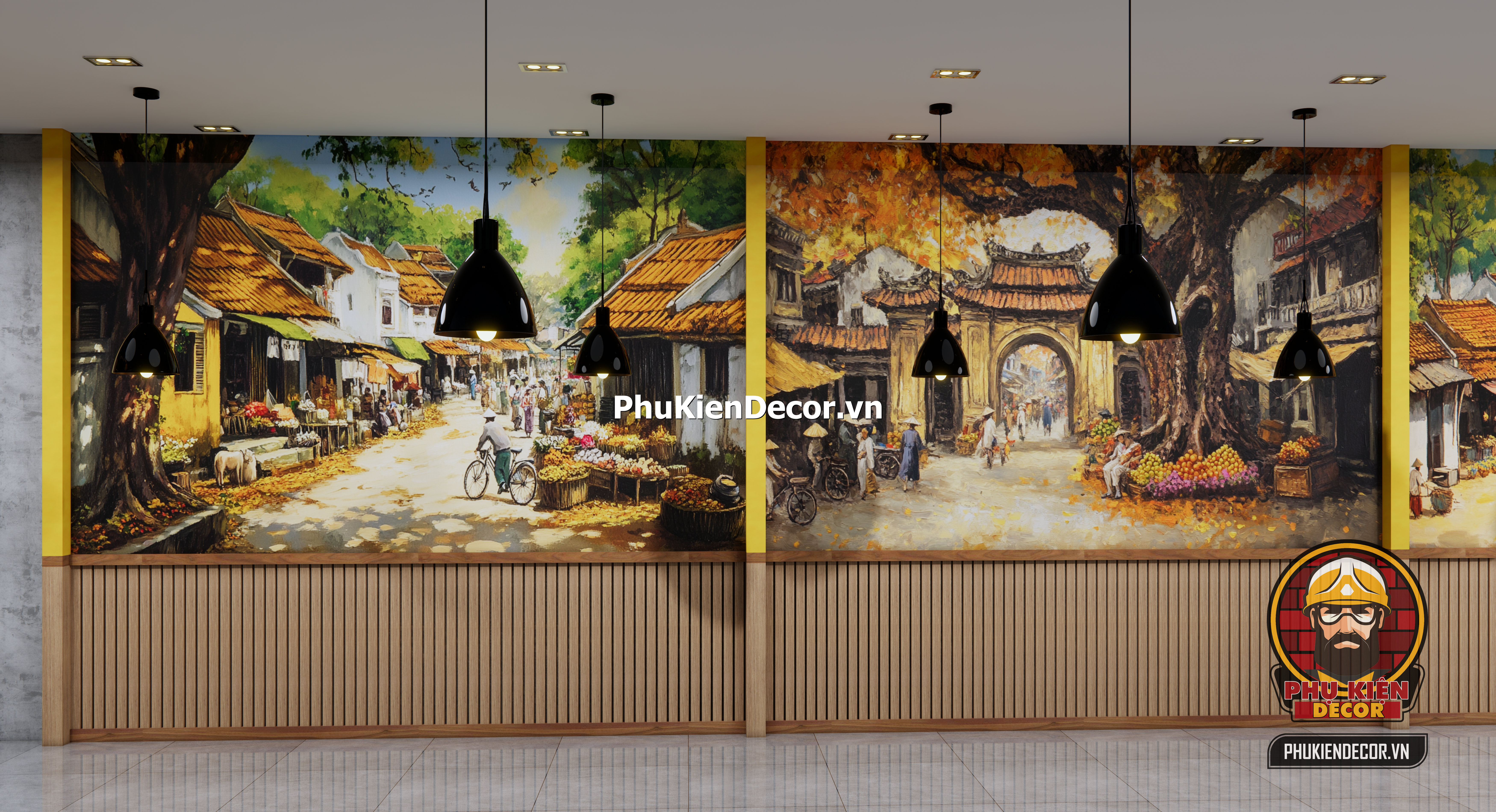 Tranh dán tường 3d quán ăn hà nội mùa thu, một thoáng hà thành Tranh dán tường 3d quán ăn hà nội mùa thu, một thoáng hà thành