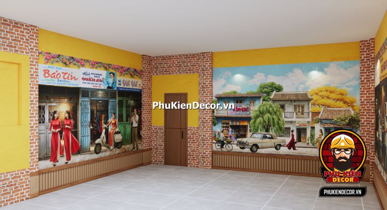 Trang trí quán ăn dân dã Sài Gòn xưa Trang trí quán ăn dân dã phong cách Sài Gòn xưa, kết hợp giữa tranh dán tường và không gian nhẹ nhàng, thoải mái.