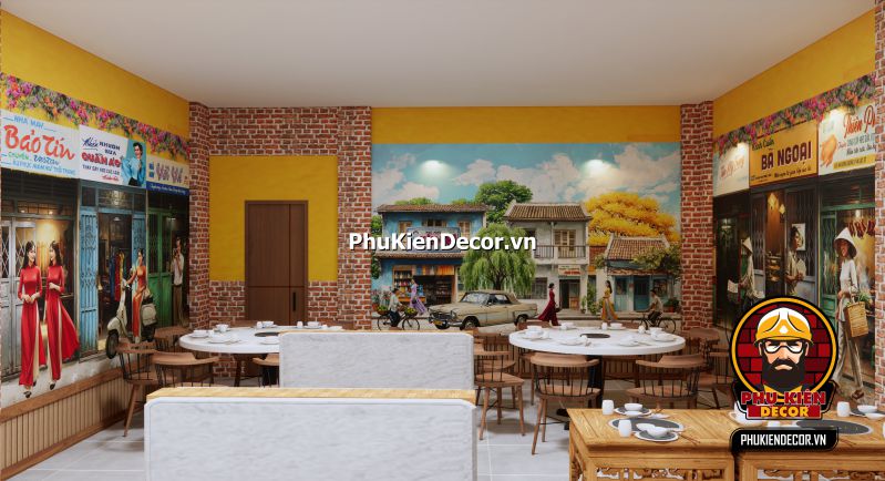 Trang trí quán ăn dân dã Sài Gòn xưa Trang trí quán ăn dân dã phong cách Sài Gòn xưa, kết hợp giữa tranh dán tường và không gian nhẹ nhàng, thoải mái.
