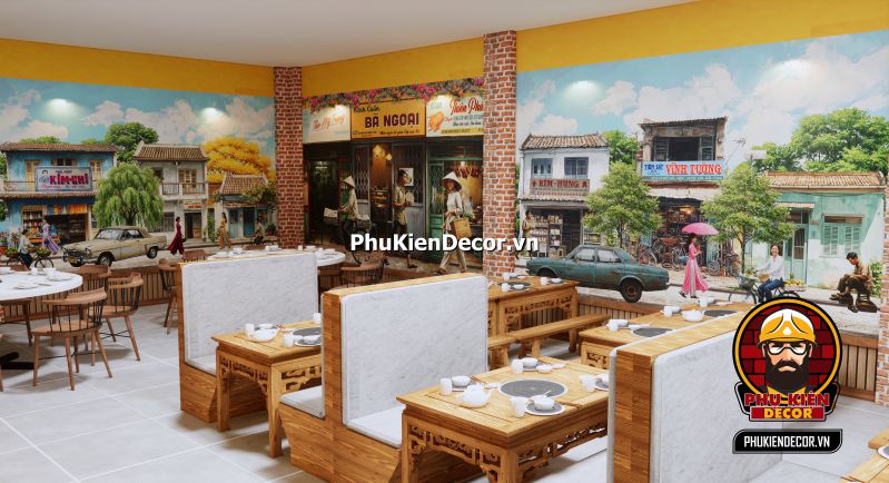 Cách trang trí quán ăn miền quê Sài Gòn Quán ăn vỉa hè Sài Gòn xưa, không gian mộc mạc với tranh dán tường về cuộc sống đời thường của người dân.