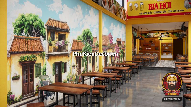 Tranh dán tường 3D phong cách Hà Nội xưa Tranh dán tường Phố Cổ Hà Nội Xưa khổ lớn, tái hiện con phố nhỏ với mái ngói đỏ và xe đạp cổ, thích hợp cho quán ăn phong cách Bắc.
