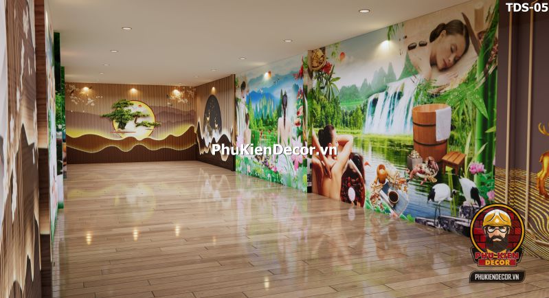 Tranh dán tường tre trúc, thác nước, dòng sông 3D Tranh dán tường tre trúc, thác nước, dòng sông 3D