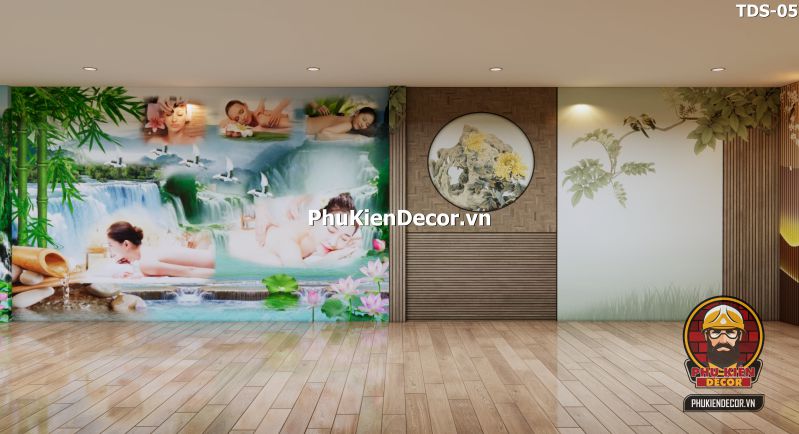 Tranh dán tường tre trúc, thác nước, dòng sông 3D Tranh dán tường tre trúc, thác nước, dòng sông 3D