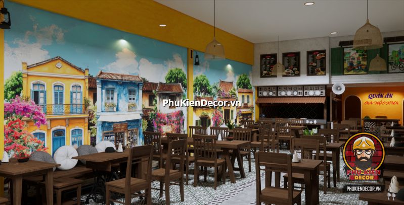 Tranh dán tường không gian quán phong cách Hà Nội Tranh dán tường làng quê Hà Nội với ao sen, cây đa, giếng nước và mái đình – phù hợp với quán cơm Bắc xưa hoặc nhà hàng đặc sản.