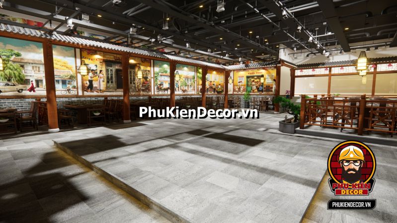 Cách trang trí quán ăn dân dã Sài Gòn Tranh 3D về quán ăn vỉa hè Sài Gòn xưa, với các hình ảnh người dân ngồi ăn uống ngoài phố dưới mái hiên.