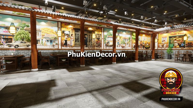 Thiết kế quán ăn tái hiện cảnh Sài Gòn xưa Tranh 3D phong cảnh Sài Gòn hoài cổ, với các chi tiết về nhà cổ, xe lam, và các hoạt động trong thành phố xưa.