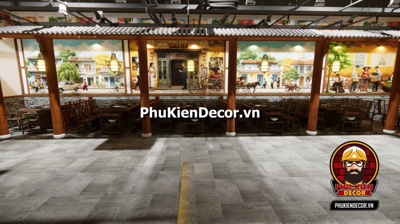 Mẫu trang trí nhà hàng phong cách Sài Gòn xưa Tranh Sài Gòn xưa vẽ cảnh sống bình dị, con phố cổ, và những chiếc xe cổ đặc trưng của Sài Gòn.