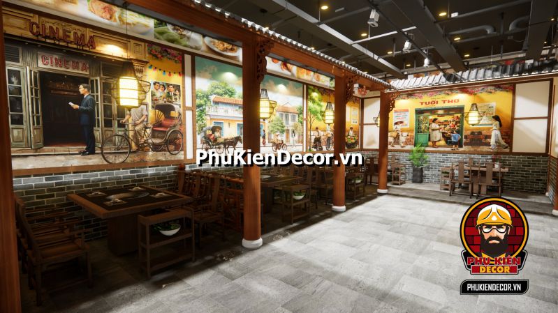 Mẫu trang trí nhà hàng phong cách Sài Gòn xưa Tranh Sài Gòn xưa vẽ cảnh sống bình dị, con phố cổ, và những chiếc xe cổ đặc trưng của Sài Gòn.
