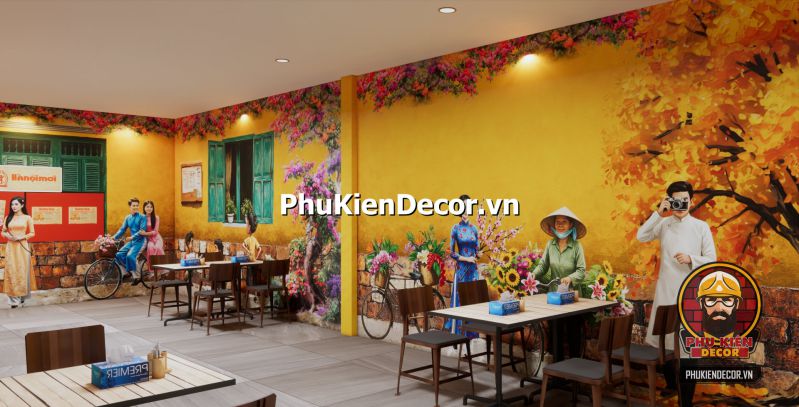 Cách trang trí quán theo phong cách Hà Nội Thiết kế nội thất quán bún đậu mắm tôm mang phong cách dân dã, sử dụng mẹt tre, bàn ghế gỗ và bảng hiệu xưa cũ.