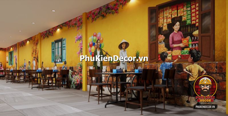 Cách trang trí quán theo phong cách Hà Nội Thiết kế nội thất quán bún đậu mắm tôm mang phong cách dân dã, sử dụng mẹt tre, bàn ghế gỗ và bảng hiệu xưa cũ.