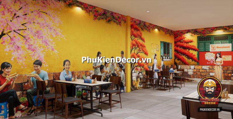 Cách trang trí quán theo phong cách Hà Nội Thiết kế nội thất quán bún đậu mắm tôm mang phong cách dân dã, sử dụng mẹt tre, bàn ghế gỗ và bảng hiệu xưa cũ.