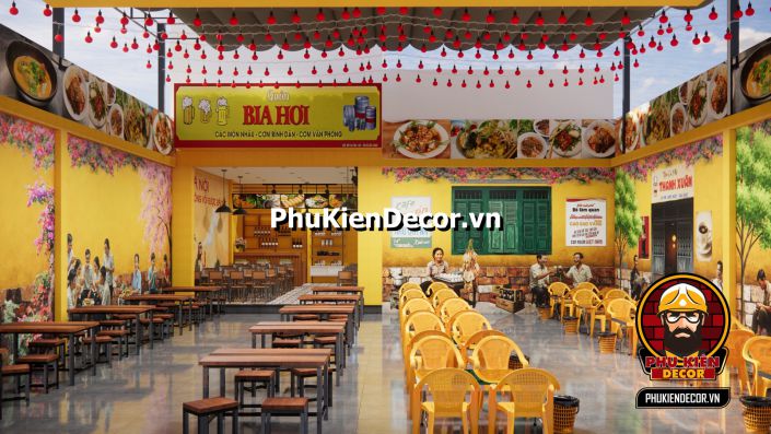 Trang trí quán nhậu Sài Gòn thời bao cấp Tranh quán nhậu Sài Gòn xưa, mô tả những bức tranh về tiệm ăn vỉa hè với khung cảnh Sài Gòn thời bao cấp.