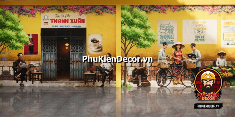 Trang trí quán nhậu Sài Gòn thời bao cấp Tranh quán nhậu Sài Gòn xưa, mô tả những bức tranh về tiệm ăn vỉa hè với khung cảnh Sài Gòn thời bao cấp.