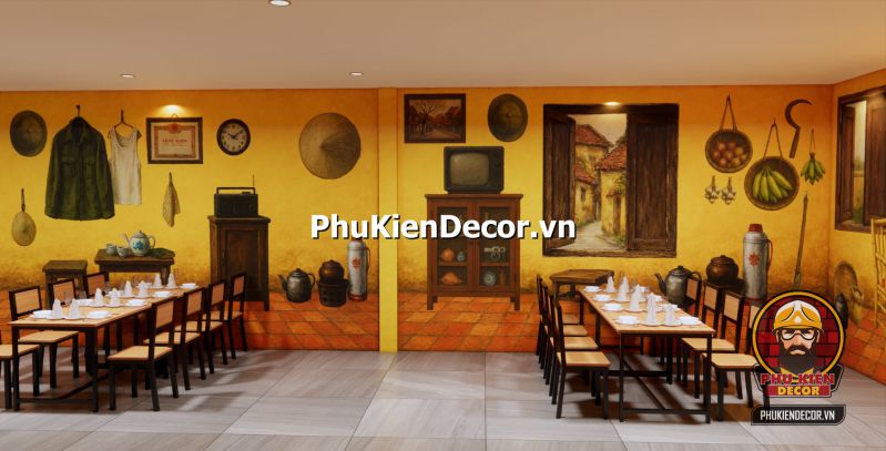 Cách trang trí quán ăn đậm vị Bắc Quán ăn phong cách Hà Nội với cách bài trí đơn giản, gần gũi, sử dụng tranh tường và nội thất truyền thống.