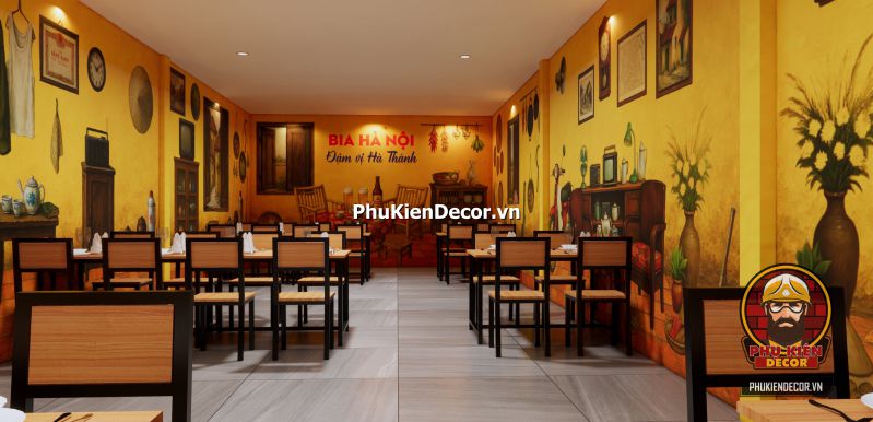 Cách trang trí quán ăn đậm vị Bắc Quán ăn phong cách Hà Nội với cách bài trí đơn giản, gần gũi, sử dụng tranh tường và nội thất truyền thống.