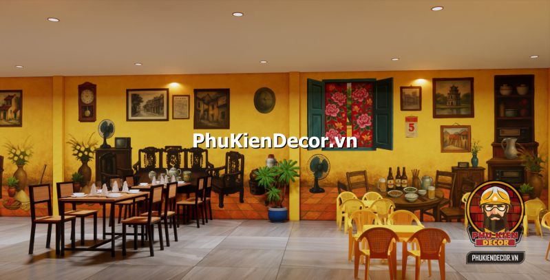 Cách trang trí quán ăn đậm vị Bắc Quán ăn phong cách Hà Nội với cách bài trí đơn giản, gần gũi, sử dụng tranh tường và nội thất truyền thống.