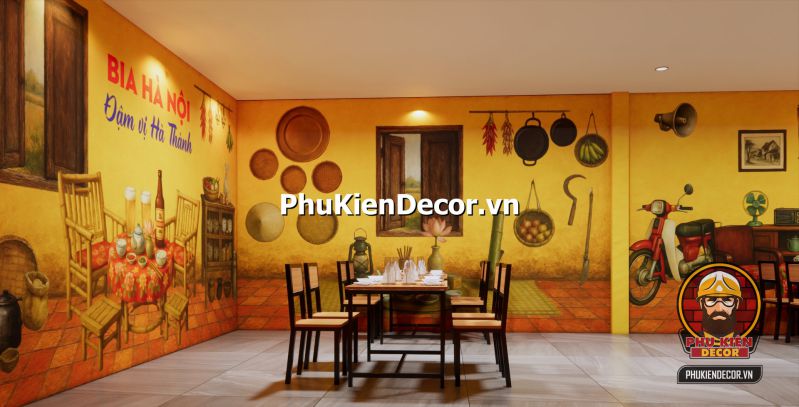 Cách trang trí quán ăn đậm vị Bắc Quán ăn phong cách Hà Nội với cách bài trí đơn giản, gần gũi, sử dụng tranh tường và nội thất truyền thống.