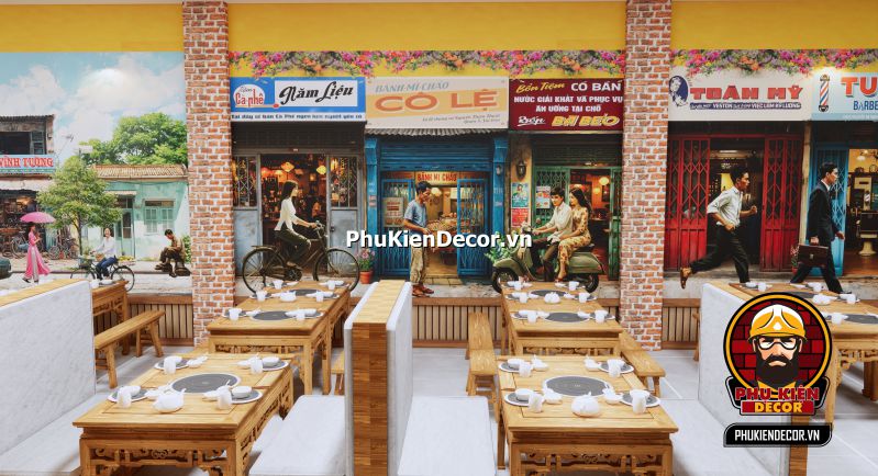 Hình ảnh mẫu thiết kế quán Sài Gòn xưa Quán ăn trở nên khác biệt với tranh tường 3D phố xá xưa chân thực.