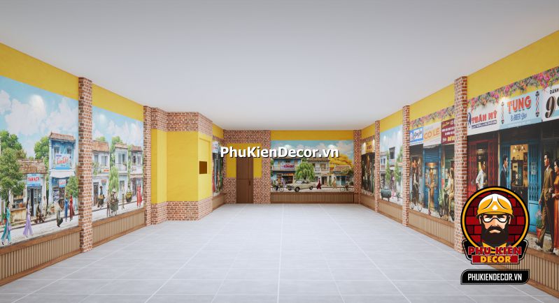 Trang trí quán ăn dân dã Sài Gòn xưa Trang trí quán ăn dân dã phong cách Sài Gòn xưa, kết hợp giữa tranh dán tường và không gian nhẹ nhàng, thoải mái.