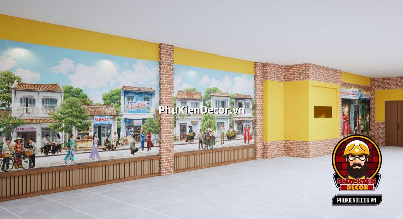 Trang trí quán ăn dân dã Sài Gòn xưa Trang trí quán ăn dân dã phong cách Sài Gòn xưa, kết hợp giữa tranh dán tường và không gian nhẹ nhàng, thoải mái.