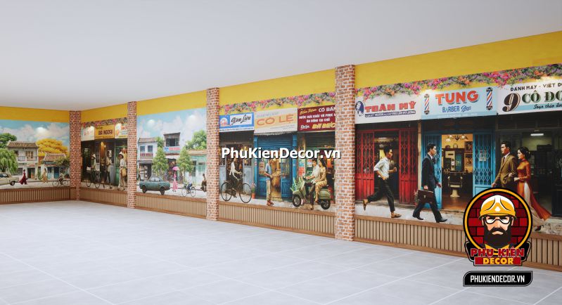 Thiết kế nhà hàng chủ đề Sài Gòn xưa cũ Tranh tái hiện xã hội Sài Gòn xưa, với các hoạt động buôn bán ngoài vỉa hè, chợ Bến Thành và các con phố.