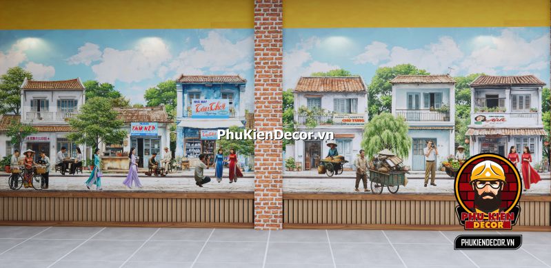 Thiết kế nhà hàng chủ đề Sài Gòn xưa cũ Tranh tái hiện xã hội Sài Gòn xưa, với các hoạt động buôn bán ngoài vỉa hè, chợ Bến Thành và các con phố.