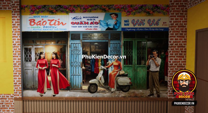 Cách trang trí quán ăn miền quê Sài Gòn Quán ăn vỉa hè Sài Gòn xưa, không gian mộc mạc với tranh dán tường về cuộc sống đời thường của người dân.