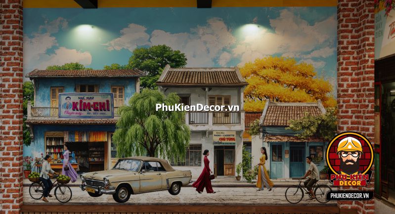 Trang trí quán ăn dân dã Sài Gòn xưa Trang trí quán ăn dân dã phong cách Sài Gòn xưa, kết hợp giữa tranh dán tường và không gian nhẹ nhàng, thoải mái.