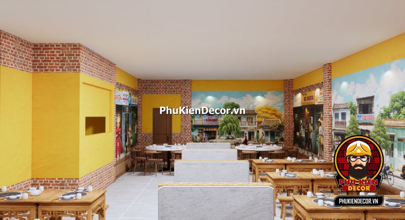 Cách trang trí quán ăn Sài Gòn chủ đề bao cấp Trang trí quán ăn dân dã phong cách Sài Gòn xưa, kết hợp giữa tranh dán tường và không gian nhẹ nhàng, thoải mái.