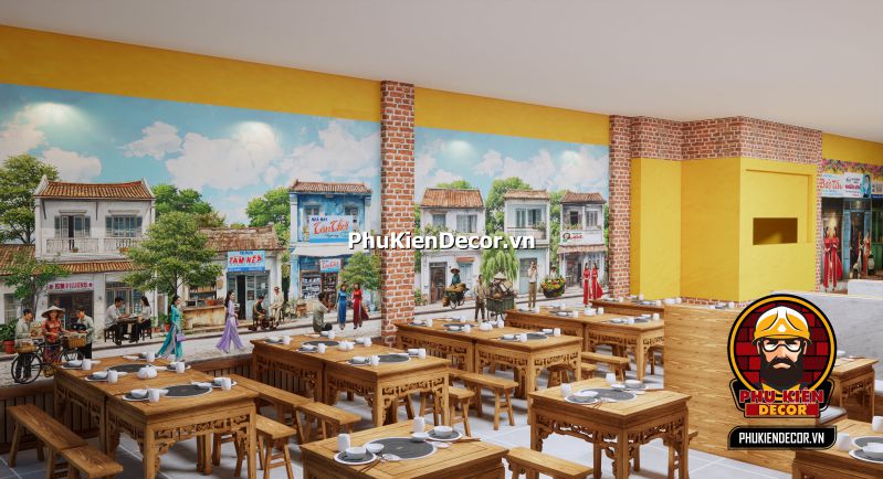 Hình ảnh mẫu thiết kế quán Sài Gòn xưa Mẫu thiết kế quán ăn phong cách Sài Gòn xưa, bao gồm không gian cổ điển, những món ăn đặc trưng, và tranh trang trí mang đậm dấu ấn lịch sử.