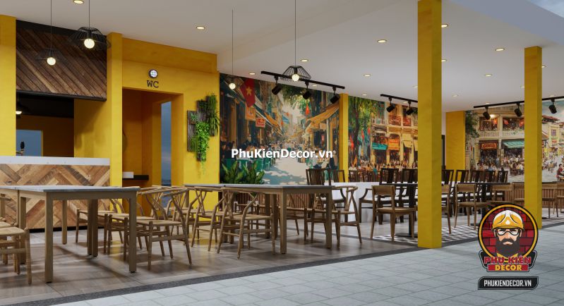 Cách trang trí quán ăn phong cách Hà Nội Quán ăn phong cách Hà Nội với cách bài trí đơn giản, gần gũi, sử dụng tranh tường và nội thất truyền thống.