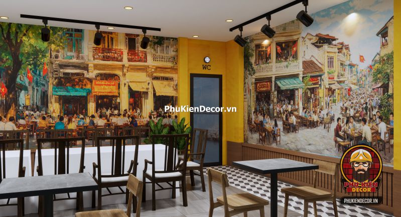 Cách trang trí quán ăn phong cách Hà Nội Quán ăn phong cách Hà Nội với cách bài trí đơn giản, gần gũi, sử dụng tranh tường và nội thất truyền thống.