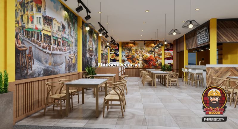 Cách trang trí quán ăn phong cách Hà Nội Quán ăn phong cách Hà Nội với cách bài trí đơn giản, gần gũi, sử dụng tranh tường và nội thất truyền thống.