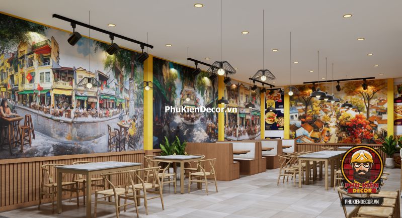 Cách trang trí quán ăn phong cách Hà Nội Quán ăn phong cách Hà Nội với cách bài trí đơn giản, gần gũi, sử dụng tranh tường và nội thất truyền thống.