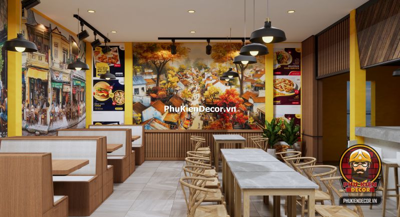 Cách trang trí quán ăn phong cách Hà Nội Quán ăn phong cách Hà Nội với cách bài trí đơn giản, gần gũi, sử dụng tranh tường và nội thất truyền thống.