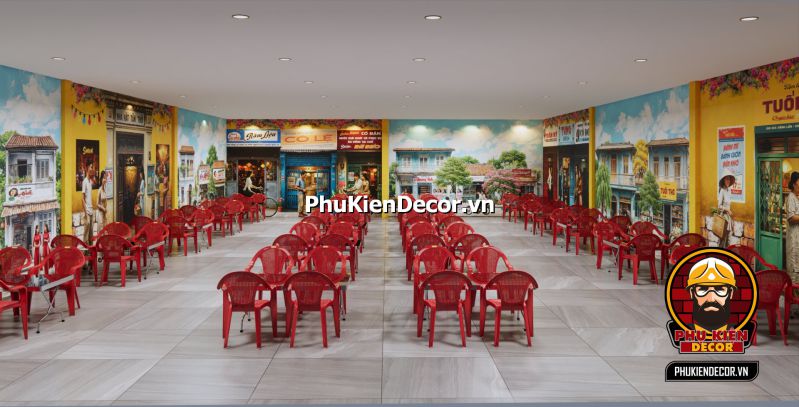 Ý tưởng thiết kế món ăn miền quê Sài Gòn Tranh 3D về quán ăn vỉa hè Sài Gòn xưa, với các hình ảnh người dân ngồi ăn uống ngoài phố dưới mái hiên.