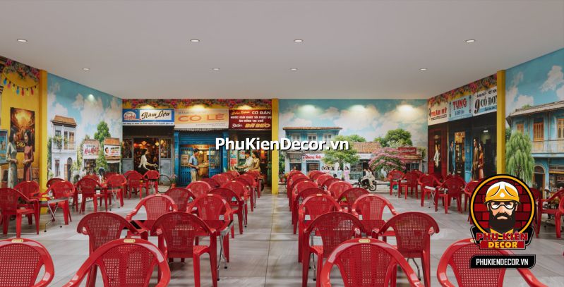 Ý tưởng thiết kế các quán ăn miền quê Sài Gòn Tranh về quán ăn vỉa hè Sài Gòn xưa, người dân ngồi ăn uống trên các ghế nhựa nhỏ, tái hiện hình ảnh đường phố xưa cũ.