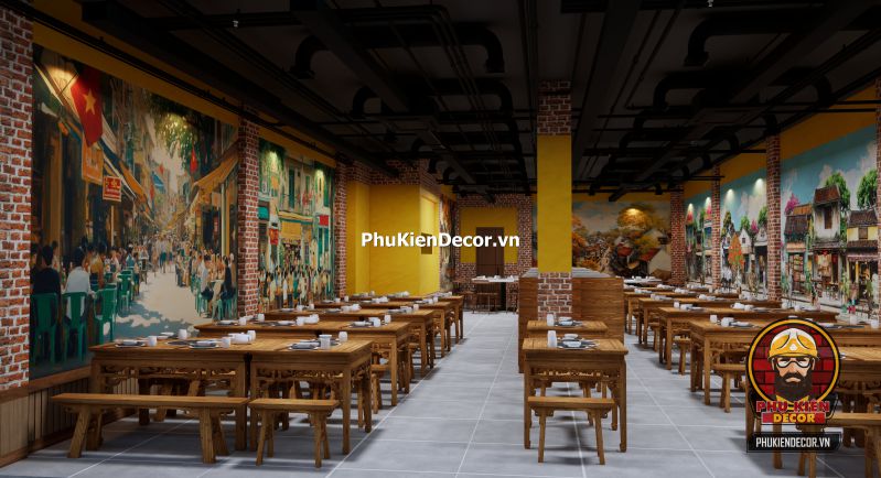 Cách trang trí quán ăn vị Bắc Hình ảnh quán ăn vị Bắc được trang trí bằng gạch bông cổ, bức tranh Hà Nội mùa thu và đèn dầu treo trần.
