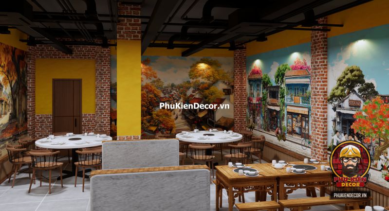 Cách trang trí quán ăn vị Bắc Hình ảnh quán ăn vị Bắc được trang trí bằng gạch bông cổ, bức tranh Hà Nội mùa thu và đèn dầu treo trần.