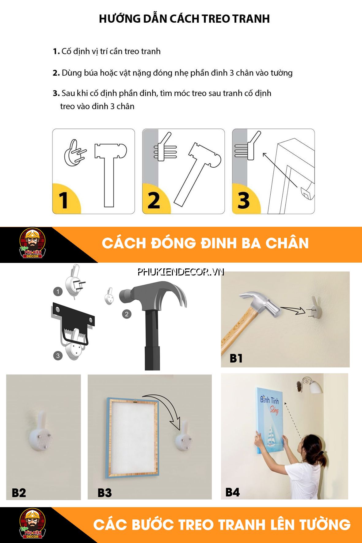 Hướng dẫn cách đóng đinh ba chân và treo tranh lên tường Hướng dẫn cách đóng đinh ba chân và treo tranh lên tường