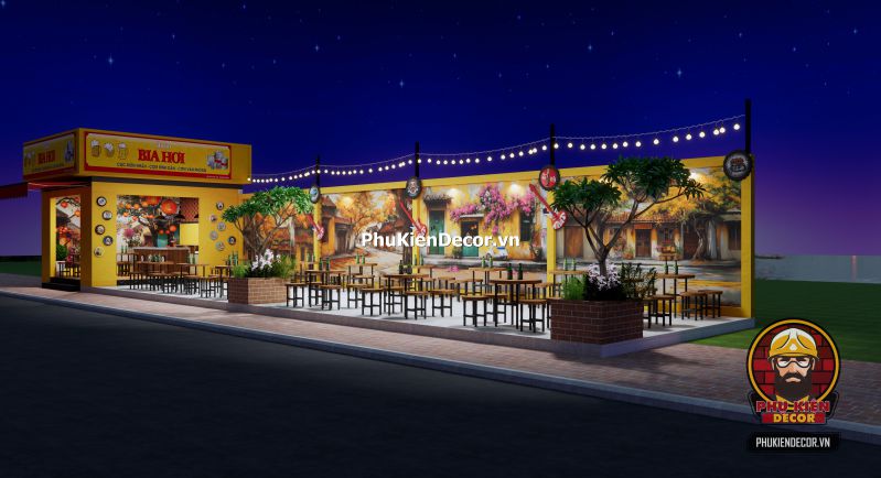 Chủ đề trang trí quán bia hơi Hà Nội Gợi ý trang trí quán bia hơi xưa với bàn gỗ dài, bảng thực đơn viết tay và tranh dán tường Hà Nội thập niên 80.