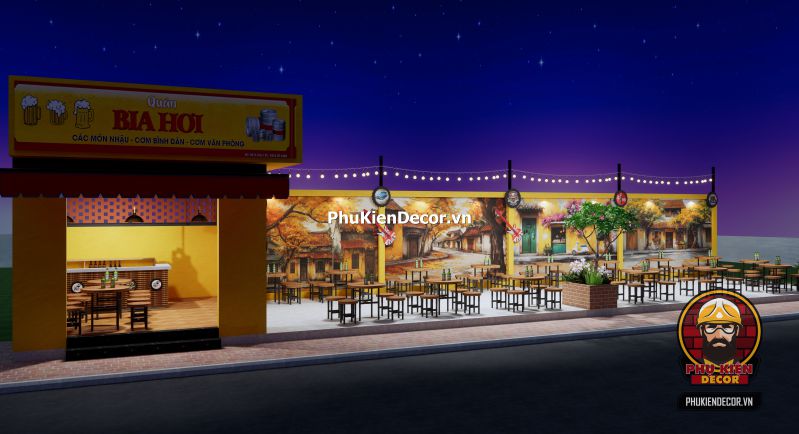 Chủ đề trang trí quán bia hơi Hà Nội Gợi ý trang trí quán bia hơi xưa với bàn gỗ dài, bảng thực đơn viết tay và tranh dán tường Hà Nội thập niên 80.