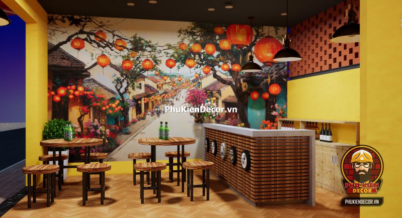 Chủ đề trang trí quán bia hơi Hà Nội Gợi ý trang trí quán bia hơi xưa với bàn gỗ dài, bảng thực đơn viết tay và tranh dán tường Hà Nội thập niên 80.